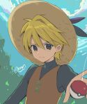  1girl black_shirt black_sweater blonde_hair brown_eyes cloud cloudy_sky commentary_request hat holding holding_poke_ball long_sleeves mokorei orange_tunic outdoors poke_ball pokemon pokemon_adventures shirt simple_background sky solo straw_hat sun_hat sweater tunic turtleneck turtleneck_sweater yellow_(pokemon) 