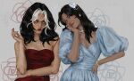  2girls bare_shoulders batman_(series) bead_necklace beads black_hair blue_dress blue_eyes bracelet cigarette commentary dc_comics dick_grayson dress flower genderswap genderswap_(mtf) hair_flower hair_ornament highres jason_todd jewelry long_hair multicolored_hair multiple_girls necklace ogonjul red_dress red_lips scar scar_on_face smile two-tone_hair untranslatable_commentary white_hair 