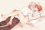  axis_powers_hetalia bad_id bad_pixiv_id bangs bare_legs barefoot blush bottomless brown_eyes brown_hair closed_eyes drunk guttary happy heart jacket leg_lock lying male_focus multiple_boys northern_italy_(hetalia) on_back on_stomach open_clothes open_jacket open_mouth pants parted_bangs prussia_(hetalia) silver_hair tears yaoi 
