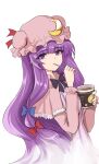  1girl black_bow black_bowtie bow bowtie capelet commentary crescent crescent_hat_ornament dress eating food frilled_capelet frills hat hat_ornament highres holding holding_spoon ice_cream long_hair looking_at_viewer mob_cap namiki_(remiter00) patchouli_knowledge pink_capelet pink_dress pink_hat purple_eyes purple_hair simple_background solo spoon striped_clothes striped_dress touhou vertical-striped_clothes vertical-striped_dress very_long_hair white_background 