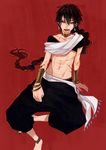  barefoot black_hair bleeding blood bracelet braid collar collarbone crop_top cuts earrings fangs highres injury jewelry judal long_hair magi_the_labyrinth_of_magic male_focus midriff nail_polish navel neck_ring open_mouth ponytail red_eyes solo soono_(rlagpfl) very_long_hair wristband 
