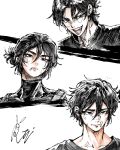  1boy :d androgynous bandaid bandaid_on_face bandaid_on_nose black_eyes black_hair black_shirt bruise bruise_on_face closed_mouth curtained_hair dam_wang hair_between_eyes hair_bun high_class highres injury medium_hair multiple_views open_mouth reuti_(welsh911) school_uniform scrape shirt signature single_hair_bun smile t-shirt v-shaped_eyebrows wavy_hair 