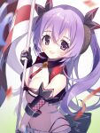  1girl belt black_gloves black_horns breasts checkered_flag cleavage commentary_request flag gloves hair_between_eyes hair_ribbon hanyuu highres higurashi_no_naku_koro_ni holding holding_flag horns long_hair mutsuki_(fujisakike) official_alternate_costume partially_fingerless_gloves purple_eyes purple_hair ribbon solo twintails white_belt 