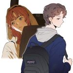  1boy 1girl backpack bag black_bag car_interior car_seat closed_mouth commentary curly_hair green_eyes highres holding holding_bag hood hooded_jacket hoodie imtoolate_18 jacket jean_grey leaning leaning_to_the_side long_hair looking_to_the_side marvel orange_hair peter_parker short_hair simple_background spider-man:_brand_new_day spider-man_(series) upper_body wavy_hair white_background x-men 