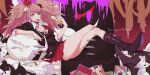  1girl aqua_eyes bandaid bear_hair_ornament black_boots black_shirt blood boots bow breasts brown_hair cake cake_slice cleavage collared_shirt colored_blood commentary_request copyright_name crown danganronpa:_trigger_happy_havoc danganronpa_(series) enoshima_junko eyelashes fingernails food full_body grin hair_ornament highres holding holding_cake holding_food long_fingernails long_hair magazine_(object) mini_crown miniskirt miro_(weihanzhang513) monokuma nail_polish necktie patch pink_blood red_background red_bow red_nails red_skirt shirt sitting skirt smile teeth tongue tongue_out twintails two-tone_necktie 