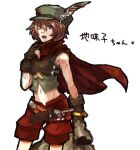  1girl bag brown_gloves brown_hair commentary_request cowboy_shot fingerless_gloves gloves green_hat hair_between_eyes hand_up hat hat_feather holding holding_bag kemari_u_00 looking_at_viewer midriff navel open_mouth purple_eyes ranger_(sekaiju) ranger_2_(sekaiju) red_shorts sekaiju_no_meikyuu sekaiju_no_meikyuu_1 short_hair shorts simple_background solo standing teeth translation_request white_background 