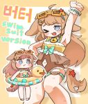  1girl :< animal_collar animal_ears armpits bell blue_eyes brown_hair brown_one-piece_swimsuit butter_(trickcal) chibi clothing_cutout collar commentary_request dog_ears dog_girl dog_tail duck_innertube english_text fang full_body highres innertube korean_text long_hair multicolored_one-piece_swimsuit multiple_views nanayorozu navel navel_cutout neck_bell one-piece_swimsuit sandals sweat swim_ring swimsuit tail thigh_strap trickcal yellow_one-piece_swimsuit 