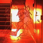  1girl a.i._voice adachi_rei closed_mouth commentary crossed_arms door from_side full_body hair_between_eyes hair_ribbon hallway headlamp highres indoors jacket knees_to_chest leaning_forward legs_together long_hair long_sleeves looking_at_viewer monochrome multiple_views nasi_(na_si) one_side_up photo_background radio_antenna red_theme ribbon shoes sitting skirt smile socks stairs untranslatable_commentary utau 