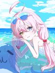  1girl absurdres ahoge bikini blue_archive blue_eyes commentary_request eyewear_on_head frilled_bikini frills hair_between_eyes halo heterochromia highres hoshino_(blue_archive) hoshino_(swimsuit)_(blue_archive) inflatable_toy inflatable_whale light_smile long_hair looking_at_viewer low_twintails official_alternate_costume pink_hair pink_halo shiltutori solo sunglasses swimming swimsuit twintails very_long_hair white_bikini yellow_eyes 