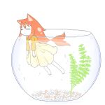  1girl :< absurdres air_bubble animal_ears barefoot bubble cat_ears cat_girl closed_eyes commentary_request diode_(0_division) dress fishbowl full_body highres in_container long_hair long_sleeves orange_hair original simple_background solo white_background yellow_dress 