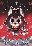  1girl :3 :d =_= animal_ear_fluff animal_ears bell black_eyes black_hair black_skirt chibi commentary_request cult_of_the_lamb full_body hair_ornament highres hololive looking_at_viewer miofa_(ookami_mio) multicolored_hair nabisuko25 neck_bell ookami_mio ookami_mio_(1st_costume) outstretched_arms red_background red_crown_(cult_of_the_lamb) red_streaks skirt smile solo spread_arms streaked_hair tail tail_around_own_leg virtual_youtuber wolf_ears wolf_girl wolf_tail 