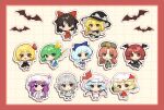  6+girls absurdres apron beret black_dress black_hat black_skirt black_vest blonde_hair blue_bow blue_eyes blue_hair blush border bow broom broom_riding brown_eyes brown_hair chibi chibi_only cirno closed_mouth commentary_request crescent crescent_hat_ornament daiyousei demon_wings detached_sleeves dress embodiment_of_scarlet_devil flandre_scarlet full_body gohei green_eyes green_hair green_hat hair_bow hair_tubes hakurei_reimu harimoto_09 hat hat_ornament hat_ribbon head_wings highres holding holding_gohei hong_meiling izayoi_sakuya kirisame_marisa koakuma laevatein_(touhou) long_hair looking_at_viewer mob_cap multiple_girls official_alternate_costume patchouli_knowledge pink_hat pink_shirt pink_skirt purple_eyes purple_hair red_border red_bow red_eyes red_skirt red_vest remilia_scarlet ribbon ribbon-trimmed_sleeves ribbon_trim rumia shirt skirt skirt_set smile star_(symbol) star_hat_ornament touhou vest white_apron white_hat wings witch_hat yellow_eyes zun_pose 