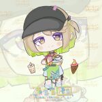  ankle_socks apron apron_partially_removed back_ribbon barbell_piercing black_choker black_hat black_ribbon black_shoes blonde_hair brown_scrunchie bubble_tea character_request check_copyright chinese_commentary choker closed_mouth coffee collared_shirt colored_eyelashes colored_inner_hair commentary_request commission copyright_request cup ear_piercing eyes_visible_through_hair food green_apron green_background green_eyes green_hair hair_bobbles hair_ornament hand_on_own_chest hat heart highres holding holding_saucer ice_cream ice_cream_cone industrial_piercing jewelry loose_socks medium_skirt multicolored_eyes multicolored_hair necklace one_side_up piercing pink_shirt polka_dot polka_dot_shirt purple_eyes ribbon ribbon-trimmed_apron ribbon-trimmed_headwear ribbon_trim sample_watermark saucer scrunchie shirt shoes short_sleeves skirt sleeve_cuffs smile socks steam teacup too_many_watermarks two-tone_eyes two-tone_hair visor_cap watermark white_skirt white_socks wrist_scrunchie zenless_zone_zero zhixu_(8331862402) zoom_layer 