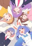  +++ 5girls absurdres alternate_costume anger_vein angry animal_ears apron black_jacket blazer blue_hair blue_kimono blush brown_hat carrot_necklace circle_formation collared_shirt commentary_request crop_top dress earclip flat_cap floppy_ears hat highres inaba_tewi jacket japanese_clothes jewelry kimono long_sleeves maid mouth_hold multiple_girls musical_note necklace necktie open_mouth pendant pink_dress pink_eyes pink_necktie puff_of_air purple_hair rabbit_ears rabbit_girl rabbit_youkai_group_(touhou) red_eyes reisen_(touhou_bougetsushou) reisen_udongein_inaba ringo_(touhou) seiran_(touhou) shirt short_hair skewer smile spoken_musical_note sumiyama_sui sweatdrop touhou wa_maid white_apron white_shirt yellow_shirt 