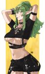  1girl black_choker black_shirt black_shorts bracelet breasts choker commentary english_commentary fire_emblem fire_emblem_awakening fishnet_pantyhose fishnet_sleeves fishnet_top fishnets green_eyes green_hair highres jewelry large_breasts long_hair long_pointy_ears looking_at_viewer midriff mouth_hold navel navel_piercing pantyhose piercing pointy_ears ponytail ribbon sakuremi shirt shorts single_leg_pantyhose solo spiked_bracelet spikes tiara tiki_(adult)_(fire_emblem) tiki_(fire_emblem) tying_hair underboob 
