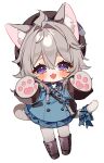  1girl :d absurdres adelheid_(chaos_zero_nightmare) ahoge animal_ear_fluff animal_ears animal_hands blue_bow blue_dress blue_eyes blush boots bow brown_boots brown_hat cat_ears cat_girl cat_tail chaos_zero_nightmare chibi chibi_only commentary_request double-parted_bangs dress fangs full_body grey_hair grey_pantyhose hair_between_eyes hair_intakes hands_up hat highres long_hair long_sleeves looking_at_viewer meda_cha multicolored_eyes open_mouth pantyhose plaid_bow plaid_clothes plaid_dress purple_eyes simple_background skin_fangs smile solo standing tail tail_bow tail_ornament two-tone_eyes white_background 