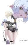  1girl absurdres animal_ears ass black_unitard blue_hair book braid braided_twintails choker commentary_request dated drooling from_behind goat_ears goat_girl goat_tail grabbing_own_ass hair_between_eyes highres holding holding_book key key_choker leaning_forward long_hair looking_at_viewer lucia_elowen multiple_views open_mouth pointy_ears simple_background single_bare_shoulder single_sleeve solo sumi_momo tail white_background yellow_eyes zenless_zone_zero 