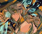  1girl argus_(reverse:1999) bare_shoulders bird blonde_hair blood blood_on_face brown_choker brown_hat choker commentary cowboy_hat glass_shard hair_between_eyes hand_up hat highres holding_glass_shard looking_at_viewer orange_background parted_lips peacock peafowl reverse:1999 sakiixu solo upper_body yellow_eyes 