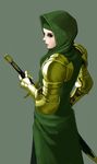  black_eyes female final_fantasy final_fantasy_tactics gauntlets hood looking_back meliadoul_tengille robe ruforoe sheath solo sword weapon 