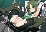  1girl absurdres anal anal_beads anal_object_insertion anus black_eyes black_pantyhose boots breasts censored cleft_of_venus clenched_teeth clothing_aside commentary_request commission corset elbow_gloves gloves green_boots green_corset green_hair green_skirt highres light_frown mosaic_censoring nipples object_insertion ome_(mercury_cigarette) original panties panties_aside pantyhose petite pixiv_commission pussy restrained rolling_eyes sex_toy sex_toy_pull shirt skirt small_breasts solo spread_legs stationary_restraints teeth thigh_boots torn_clothes torn_pantyhose torn_shirt underwear white_gloves white_panties white_shirt 