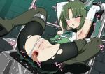  1girl absurdres anus black_eyes black_pantyhose boots breasts censored cleft_of_venus clothing_aside commentary_request commission corset elbow_gloves gaping gloves green_boots green_corset green_hair green_skirt highres light_frown mosaic_censoring nipples ome_(mercury_cigarette) open_mouth original panties panties_aside pantyhose petite pixiv_commission pussy restrained rolling_eyes shirt skirt small_breasts solo spread_legs stationary_restraints tearing_up thigh_boots torn_clothes torn_pantyhose torn_shirt underwear white_gloves white_panties white_shirt 