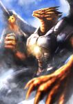  armor bird bird_on_hand bolshack_dragon brown_eyes claws closed_mouth cocco_lupia commentary_request creature dragon dragon_claw dragon_wings duel_masters fang highres no_humans robuja silver_armor wings yellow_eyes 