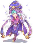  1girl absurdres aqua_hair boots brown_boots cloak commentary_request dress fate/grand_order fate_(series) feathers full_body gold_trim hat highres kibinago_(kibinago614) locusta_(fate) locusta_(second_ascension)_(fate) long_sleeves looking_at_viewer multicolored_hair mushroom one_eye_closed open_mouth purple_cloak purple_dress purple_eyes purple_hair purple_hat sharp_teeth short_hair smile teeth two-tone_hair 