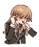  2girls amaori_renako ashigaya_high_school_uniform blush brown_hair chinese_commentary closed_eyes commentary_request female_pov haojbleng licking licking_finger long_hair long_sleeves multiple_girls pov school_uniform sena_ajisai simple_background solo_focus trembling watashi_ga_koibito_ni_nareru_wake_naijan_murimuri! white_background yuri 