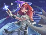  1boy black_cape cape capelet commentary crescent crescent_hat_ornament expressionless fingerless_gloves full_body fur-trimmed_capelet fur_trim gloves gold_trim hat hat_ornament high_collar high_wizard_(ragnarok_online) long_hair looking_at_viewer male_focus natsuya_(kuttuki) pants parted_lips purple_background purple_eyes purple_hat ragnarok_online red_capelet red_hair shirt solo sparkle star_(symbol) star_hat_ornament white_gloves white_pants white_shirt witch_hat 