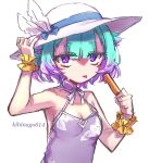  1girl aqua_hair bare_shoulders breasts camisole commentary_request fate/grand_order fate_(series) floral_print food hat hat_feather highres kibinago_(kibinago614) locusta_(fate) locusta_(over_the_same_sky)_(fate) looking_at_viewer multicolored_hair popsicle purple_camisole purple_eyes purple_hair short_hair small_breasts solo sun_hat tongue tongue_out two-tone_hair white_hat wrist_cuffs 
