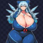  1girl alternate_breast_size_(larger) alternate_hair_length_(longer) black_background blue_bow blue_dress blue_eyes blue_hair bow breasts checkered_background cirno cleavage closed_mouth commentary_request curvy detached_wings dress gigantic_breasts hair_bow ice ice_wings jewelry kyosuke_fujiwara long_hair outline pendant pixel_art sidelocks smile solo touhou white_outline wings 