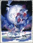  1girl animal balloon bicycle bicycle_basket bird black_cat black_hair blue_sash brown_hat cat cloud commentary_request dove dress faceless faceless_female falling_feathers falling_petals feathers flower from_side full_moon grass hat highres komako_(km7ko) long_hair moon on_bicycle original outdoors painting_(medium) petals red_flower red_petals red_rose riding riding_bicycle rose sash solo sun_hat sundress traditional_media watercolor_(medium) white_bird white_dress white_feathers 