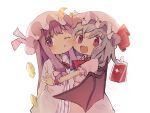  2girls :< :d ;< arm_behind_back ascot bat_wings blonde_hair blood blood_bag blush bow chibi chibi_only closed_mouth commentary_request crescent crescent_hat_ornament dress fang frilled_hat frilled_sleeves frills hair_between_eyes hair_bow hat hat_bow hat_ornament hat_ribbon highres hug jacket long_hair looking_at_another looking_at_viewer medium_hair mob_cap multiple_girls one_eye_closed open_hand open_mouth outstretched_arm patchouli_knowledge pink_eyes pink_hair plus_sign puffy_sleeves purple_eyes purple_hair red_ascot red_ribbon remilia_scarlet ribbon sidelocks simple_background smile touhou tungsten_mochoo white_background wings 