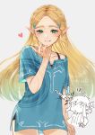  1boy 1girl blonde_hair blue_tunic borrowed_clothes boyfriend's_shirt champion's_tunic_(zelda) commentary cowboy_shot green_eyes grin hair_ornament hairclip heart hetero link long_hair looking_at_viewer multiple_hairclips newtype_flash parted_bangs parted_lips pointy_ears princess_zelda seri_(yuukasakura) smile the_legend_of_zelda the_legend_of_zelda:_breath_of_the_wild tunic untranslatable_commentary watermark 
