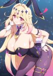  1girl alternate_breast_size_(larger) animal_ears antenna_hair arm_strap bare_shoulders bent_over blonde_hair braid breasts brooch cleavage closed_mouth commentary cross-laced_clothes cross-laced_leotard cross-laced_slit crossed_bangs cure_arcana_shadow detached_collar diamond_hairband fake_animal_ears fake_tail gold_thighlet gradient_hair hair_between_eyes hair_intakes half_up_braid hand_on_own_hip hanging_breasts heart heart_brooch highres huge_breasts jewelry joy_ride leaning_forward leotard long_hair looking_at_viewer meitantei_precure! multicolored_hair pantyhose pink_eyes pink_hair precure purple_leotard purple_pantyhose rabbit_ears rabbit_tail skindentation smile solo strapless strapless_leotard tail thighlet thighs very_long_hair 