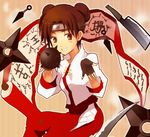 brown_eyes brown_hair double_bun female fingerless_gloves forehead_protector gloves grin kunai looking_at_viewer naruto scroll smile solo tenten weapon yokige 