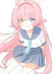  1girl absurdres ahoge aqua_necktie arms_behind_back bare_legs black_skirt blue_archive blue_eyes blush commentary_request hair_between_eyes halo heterochromia highres hoshino_(blue_archive) long_hair looking_at_viewer necktie petako_(ptpt_k) pink_hair sailor_senshi_uniform shirt skirt solo_focus very_long_hair white_shirt yellow_eyes 