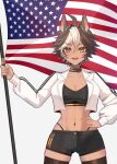  1girl american_flag animal_ears black_thighhighs breasts brown_eyes brown_hair commentary crop_top cropped_jacket flag highleg highleg_panties highres holding holding_flag horse_ears horse_girl horse_tail indie_virtual_youtuber jacket multicolored_hair navel panties panty_straps short_hair shorts striped_clothes striped_jacket tail thighhighs tomoe_umari tsukasa12598 underwear untranslatable_commentary virtual_youtuber white_hair zettai_ryouiki 
