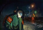  1girl aerial_fireworks beach black_eyes black_hair blunt_bangs blush colored_skin commentary covering_own_mouth embarrassed ena:_dream_bbq ena_(dream_bbq) ena_(series) english_commentary facial_recognition feet_out_of_frame fireworks floral_print floral_print_kimono green_kimono hair_ornament hairclip hand_up highres ikitakawa japanese_clothes kanzashi kimono looking_at_viewer multicolored_skin night obi obijime ocean outdoors print_kimono sand sash short_hair sky solo solo_focus split-color_skin squatting summer_festival tama_kanzashi tree two-tone_skin viewer_holding_phone 