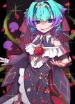  1girl absurdres aqua_hair bare_shoulders belt black_dress blush braid breasts commentary_request diamond_hairband dress fate/grand_order fate_(series) flower grin highres kibinago_(kibinago614) locusta_(fate) long_sleeves low_twin_braids multicolored_hair pointy_ears puffy_long_sleeves puffy_sleeves purple_eyes purple_hair rose sharp_teeth short_hair small_breasts smile solo teeth twin_braids two-tone_hair veil 
