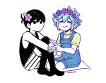  2boys antenna_hair barefoot basil_(headspace)_(omori) basil_(omori) black_eyes black_hair black_tank_top black_thighhighs blue_overalls blush closed_eyes closed_mouth colored_skin commentary double-parted_bangs expressionless flower flower_wreath green_hair green_shirt hair_between_eyes hair_flower hair_ornament head_wreath highres invisible_floor knees_up male_focus multiple_boys omori omori_(omori) osulan overall_shorts overalls seiza shirt short_hair short_sleeves shorts sidelocks sitting smile striped_clothes striped_shorts t-shirt tank_top thighhighs twitter_username untranslatable_commentary vertical-striped_clothes vertical-striped_shorts white_shorts white_skin 