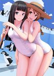  :d arched_back bare_legs bare_shoulders bird black_eyes black_hair blue_sky braid breasts brown_eyes brown_hair cloud collarbone day hat highres leaning_forward light_smile long_hair looking_at_viewer medium_breasts multiple_girls nanahime one-piece_swimsuit open_mouth original penguin school_swimsuit sky smile sun_hat swimsuit twin_braids white_school_swimsuit white_swimsuit 