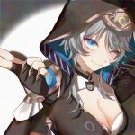  1girl :3 ;3 animal_hood blue_eyes breasts cat_girl choker cipher_(honkai:_star_rail) cleavage commentary_request fingerless_gloves gloves grey_hair highres honkai:_star_rail honkai_(series) hood leotard one_eye_closed ring_light_reflection spotlight upper_body watatai watermark 