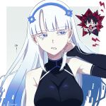  1boy 1girl anger_vein bare_shoulders black_hair black_shirt blue_eyes blue_hair breasts commentary detached_sleeves disgust fairy_(zenless_zone_zero) highres large_breasts long_hair looking_at_another multicolored_hair oootsuyu open_mouth personification red_hair shirt short_hair solo_focus turtleneck turtleneck_shirt white_background white_hair youkai_(zenless_zone_zero) zenless_zone_zero 