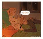 1boy 1girl artist_name blonde_hair border braid cable_knit closed_mouth couple crown_braid earrings english_text grey_sweater hair_ornament hair_over_one_eye hairclip hand_in_another's_hair hetero jewelry light_blush link long_hair magatama magatama_necklace necklace on_bed parted_bangs pillow pointy_ears princess_zelda pyonteo reclining ribbed_sweater scar scar_on_hand short_hair sidelocks sketch sleeping smile sweater the_legend_of_zelda the_legend_of_zelda:_tears_of_the_kingdom upper_body white_border white_sweater window 