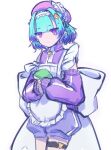  1girl apron aqua_hair beret breasts commentary_request detached_sleeves fate/grand_order fate_(series) frilled_hairband frills hairband hat kibinago_(kibinago614) locusta_(fate) looking_at_viewer multicolored_hair mushroom pointy_ears purple_eyes purple_hair purple_hat purple_shorts purple_vest short_hair shorts small_breasts solo thigh_strap two-tone_hair vest white_apron 