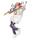  1girl anger_vein arm_tattoo asymmetrical_dual_wielding blush bow chain closed_mouth commentary_request dual_wielding fighting_stance freckles from_side full_body gloves gold_chain hands_up headband highres holding holding_sword holding_weapon hood hood_down hoodie ishmael_(project_moon) jacket limbus_company looking_at_viewer middle_(identity)_(project_moon) multiple_swords multiple_weapons muscular_arms orange_eyes orange_hair pants pocket project_moon purple_pants shoes short_hair simple_background solo sword sword_on_back tattoo track_pants weapon weapon_on_back white_background white_bow white_gloves white_hoodie white_jacket white_shoes yinchazhushoushiyi 