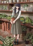  1girl black_eyes black_hair blush brown_shoes closed_mouth commentary dress english_commentary flower flower_pot full_body grey_dress grey_socks highres holding holding_flower_pot indoors komi-san_wa_komyushou_desu komi_shouko leaf long_hair long_sleeves pinafore_dress plant potted_plant rinsachii shelf shirt shoelaces shoes sidelocks signature sleeveless sleeveless_dress smile socks solo split_mouth standing white_shirt yellow_flower 