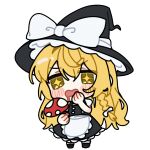  1girl animated animated_gif apron black_hat black_skirt black_vest blinking blonde_hair blush bow braid chibi chibi_only commentary_request drooling hair_bow hat hat_bow heart highres hinohari_(user_wzxk7585) holding holding_mushroom kirisame_marisa long_hair looping_animation mouth_drool mushroom side_braid simple_background single_braid skirt solo touhou transparent_background very_long_hair vest waist_apron white_apron white_bow witch_hat yellow_eyes 