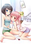  :p absurdres bare_legs bare_shoulders barefoot bed black_hair blue_eyes blush breasts camisole cleavage digital_media_player earbuds earphones highres holding_hands ipod ipod_nano kneeling leaning_forward long_hair looking_at_viewer medium_breasts multiple_girls ok-ray on_bed original pink_eyes pink_hair polka_dot scan shared_earphones short_hair shorts sitting smile tongue tongue_out twintails wariza yuri 
